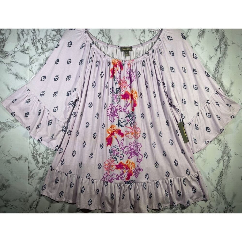 Style & Co Gigi Runway Lavender Floral Blouse with Ruffle Sleeves Sz 1X